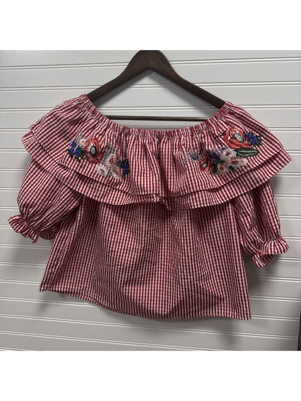 Lost +Wander Nordstrom Red Gingham Off the Shoulder Top Floral Embroidery L